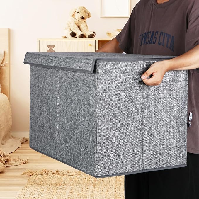 popoly 122L Large Toy Box Chest with Lid, Foldable Toy Storage Organizer Bin Boxes with Removable Divider for Kids, Boys, Girls, Nursery, Playroom, 26"x17" x17"(Linen Gray)
