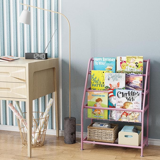 aboxoo Kids Bookshelf Small Toddler Freestanding for Children Room 18 inches Metal Bookcase Toy Organizer Pink Stable Bookcase Bookstore Library Book Unit Storage for Small Place