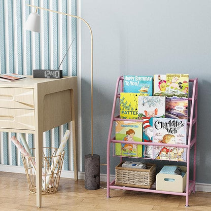 aboxoo Kids Bookshelf Small Toddler Freestanding for Children Room 18 inches Metal Bookcase Toy Organizer Pink Stable Bookcase Bookstore Library Book Unit Storage for Small Place