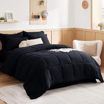 Bedsure Black Twin Comforter Set - 5 Pieces Solid Twin Bed in a Bag, Twin Bed Set Black with Quilted Warm Fluffy Comforters, Sheets, Pillowcase & Sham