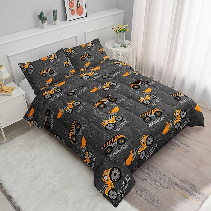 Datura home Construction Truck Comforter Set for Boys Kids Children,Machinery Excavators Vehicles Tractor Bedding Set with 1 Comforter and 2 Pillowcases(Brown Truck Twin) Twin 68x86''