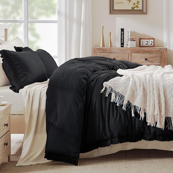 Andency Black Comforter Set Queen, 3 Pieces Boho Tassel Lightweight Bedding Comforter Sets, All Season Soft Fluffy Fringe Bed Set (90x90In Comforter & 2 Pillowcases)