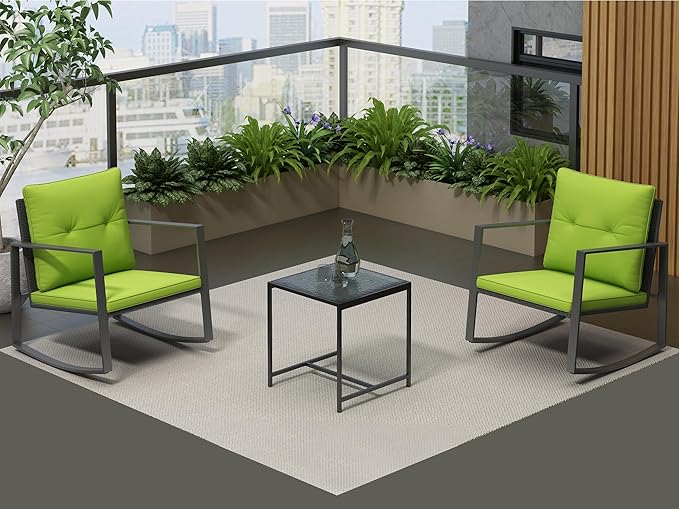 3 Piece Rocking Bistro Set - Synthetic Wicker Outdoor Furniture - Glass Coffee Table with 2 Chairs for Balcony, Patio & Porch - Black Metal, Soft Cushions (Green)