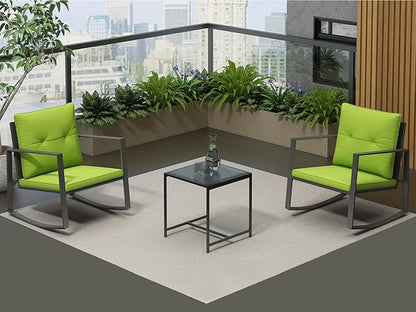 3 Piece Rocking Bistro Set - Synthetic Wicker Outdoor Furniture - Glass Coffee Table with 2 Chairs for Balcony, Patio & Porch - Black Metal, Soft Cushions (Green)