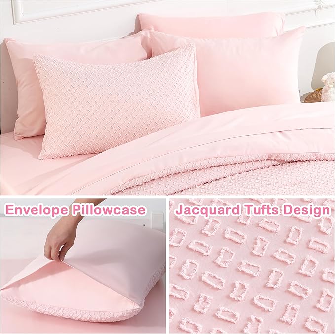 Queen Size Tufted Kids Comforter Set 7 Piece Pink Jacquard Tufts Embroidery Bedding Set for Boys Girls Bed in A Bag Quilt with 1 Comforter, 1 Flat Sheet, 1 Fitted Sheet, 2 Pillowcase and 2 Pillow Sham