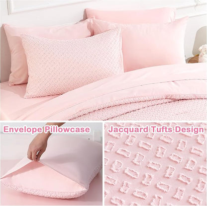 Queen Size Tufted Kids Comforter Set 7 Piece Pink Jacquard Tufts Embroidery Bedding Set for Boys Girls Bed in A Bag Quilt with 1 Comforter, 1 Flat Sheet, 1 Fitted Sheet, 2 Pillowcase and 2 Pillow Sham