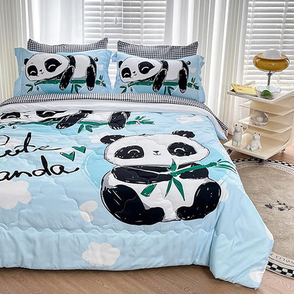 Wajade Kids Panda Comforter Set Bed in A Bag Twin Size 7 Piece Blue 3D Cute Panda Bamboo Clouds Bedding Set for Girls Boys (1 Comforter, 1 Flat Sheet, 1 Fitted Sheet, 2 Pillowcase and 2 Pillow Sham)