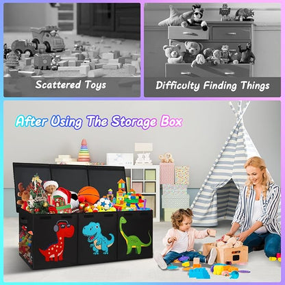 Extra Large Toy Box, Collapsible Sturdy Toy Storage Organizer with Lids, Dinosaur Toy Box for Boys Girls, 41"x14"x16" Kids Toy Chest Bin Box Baskets for Living Room, Playroom, Bedroom, Nursery, Black