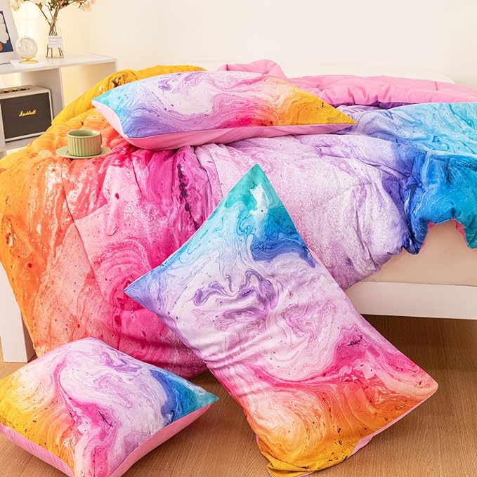 4 Pcs Tie Dye Twin Comforter Set for Girls, Watercolor Marble Abstract Art Superior Kids Bedding Sets Twin Size, Pink Purple Blue Colorful Teenage Girls Comforter Sets