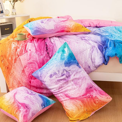 4 Pcs Tie Dye Twin Comforter Set for Girls, Watercolor Marble Abstract Art Superior Kids Bedding Sets Twin Size, Pink Purple Blue Colorful Teenage Girls Comforter Sets