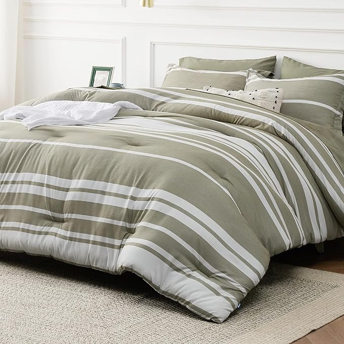 Bedsure Twin XL Comforter Set, Extra Long 5 Pieces Green Striped Twin XL Bedding Sets, All Season Dorm Room Essentials with 1 Pillow Sham, Flat Sheet, Fitted Sheet and 1 Pillowcase