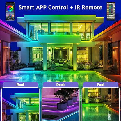 50ft Outdoor LED Strip Lights Waterproof,IP68 Outside Led Light Strips Waterproof with App and Remote,Music Sync RGB Exterior Led Rope Lights with Self Adhesive Back for Deck,Balcony,Pool
