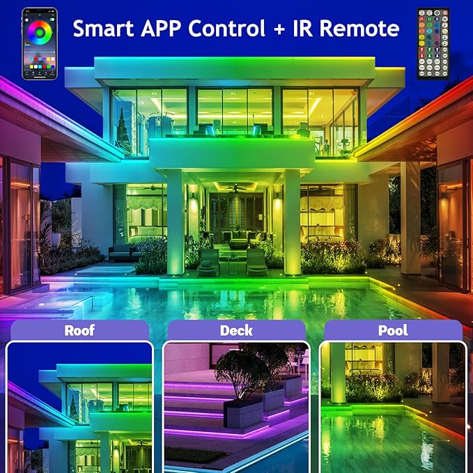 200ft Outdoor LED Strip Lights Waterproof,IP68 Outside Led Light Strips Waterproof with App and Remote,Music Sync RGB Exterior Led Rope Lights with Self Adhesive Back for Deck,Balcony,Pool