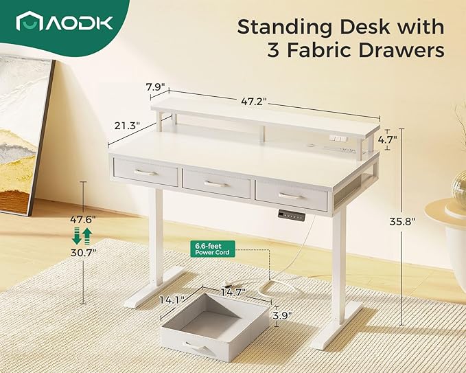 AODK 47 Inch Electric Standing Desk with 3 Drawers, White, Height Adjustable Desk with Power Outlets & LED Lights, Stand Up Desk with Monitor Shelf, Sit Stand Desk Computer Workstation