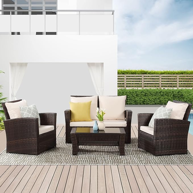 Wisteria Lane 4 Piece Outdoor Patio Furniture Sets, Wicker Conversation Set for Porch Deck, Brown Rattan Sofa Chair with Cushion
