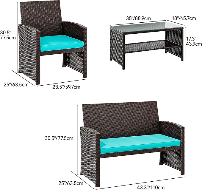 YITAHOME Patio Furniture Wicker Outdoor Bistro Set, 4-Piece All Weather Rattan Conversation Loveseat for Backyard, Balcony and Deck w/Soft Cushions and Metal Coffee Table (Brown+Blue)