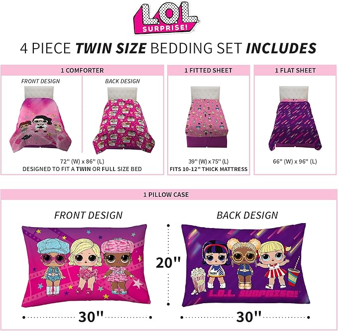 Franco Kids Bedding Super Soft Comforter and Sheet Set, 4 Piece Twin Size, LOL Surprise