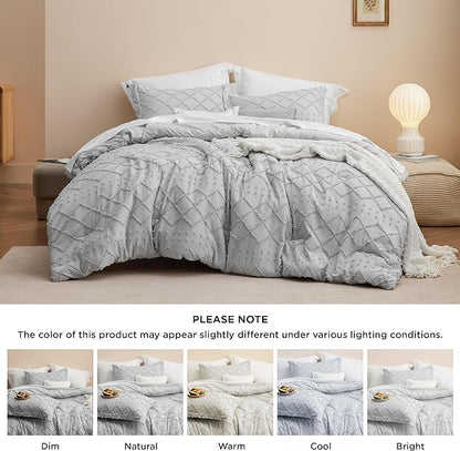 Bedsure Twin/Twin XL Comforter Set - Light Grey Boho Twin Extra Long Comforter Set for College, Shabby Chic Dorm Bedding Set, 2 Pieces Modern Farmhouse Bed Set, includes 1 Pillow Sham