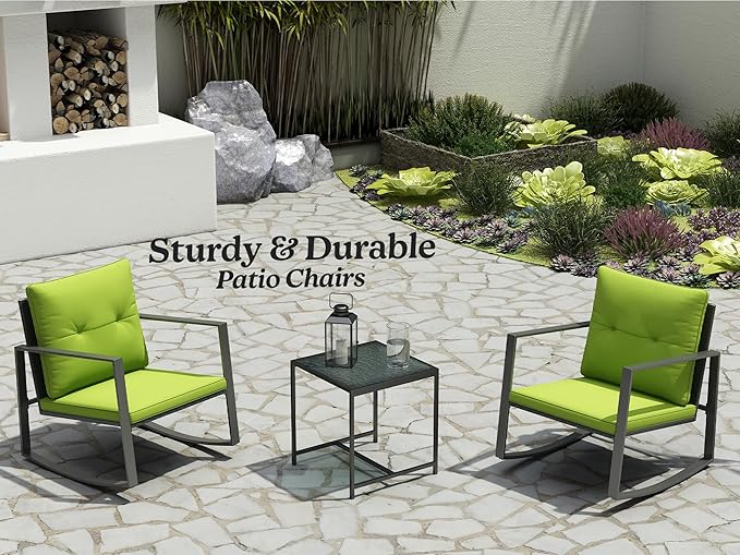 3 Piece Rocking Bistro Set - Synthetic Wicker Outdoor Furniture - Glass Coffee Table with 2 Chairs for Balcony, Patio & Porch - Black Metal, Soft Cushions (Green)