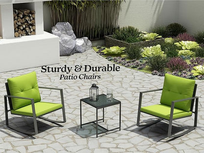 3 Piece Rocking Bistro Set - Synthetic Wicker Outdoor Furniture - Glass Coffee Table with 2 Chairs for Balcony, Patio & Porch - Black Metal, Soft Cushions (Green)