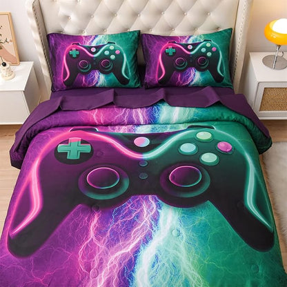 Meeting Story Gamer Gaming Bedding Sets Black Pink Lightnings Gamepad Comforter Set for Boys Games Console Action Buttons Novelty Colorful Modern Room Decor Home Quilt Set (Green-Purple, Twin 5Pcs)