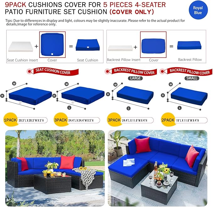 ClawsCover 9Pack Outdoor Seat and Back Cushions Replacement Covers Fit for 5 Pieces 4-Seater Wicker Rattan Patio Conversation Set Sectional Couch Furniture,Royal Blue-Include Cover Only(Small)