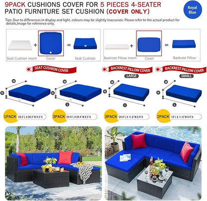 ClawsCover 9Pack Outdoor Seat and Back Cushions Replacement Covers Fit for 5 Pieces 4-Seater Wicker Rattan Patio Conversation Set Sectional Couch Furniture,Royal Blue-Include Cover Only(Small)