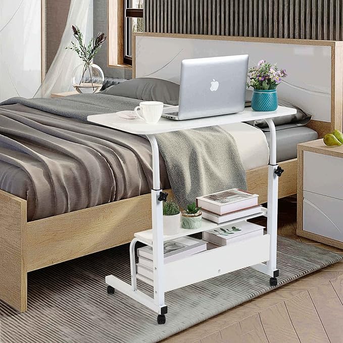 Adjustable White Home Office Desk with Storage and Detachable Wheels - 15.7 x 31.5 Inch