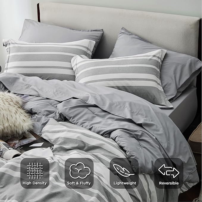 Bedsure Queen Comforter Set 7 Pieces, Grey White Striped Comforter for Queen Size Bed Reversible, Cationic Dyeing Bed in a Bag with Comforter, Sheets, Pillowcases & Shams