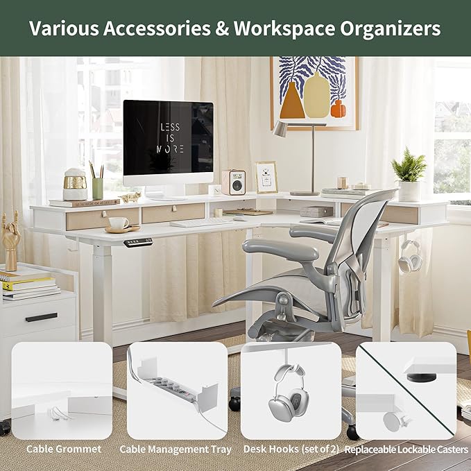 FEZIBO Triple Motor 63" L Shaped Standing Desk with 3 Drawers, Electric Standing Gaming Desk Adjustable Height, Corner Stand up Desk with Splice Board, White Frame/White Top