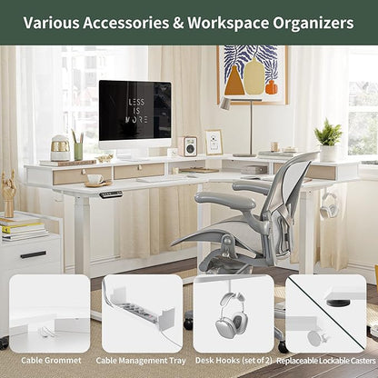 FEZIBO Triple Motor 63" L Shaped Standing Desk with 3 Drawers, Electric Standing Gaming Desk Adjustable Height, Corner Stand up Desk with Splice Board, White Frame/White Top