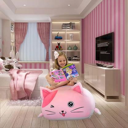 Cute Cat Bean Bag Chair for Kids, Pink Stuffed Animal Storage Beanbag Chairs for Girls Room Decor, Extra Large Size, Velvet Super Soft Cover Only