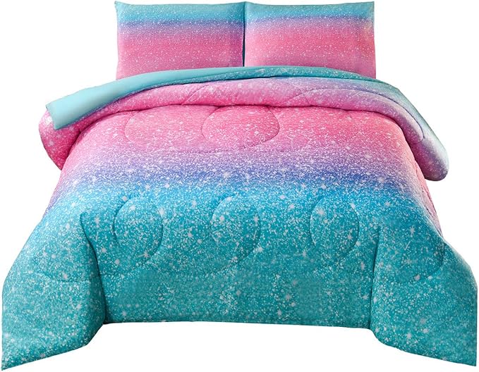 JQinHome Queen 3Pcs Glitter Comforter Sets for Girls, 3D Colorful Duvet Pink Rainbow Themed Bedding, All-Season Reversible Quilted Duvet,for Girls Women- includes 1 Comforter, 2 Pillowcases