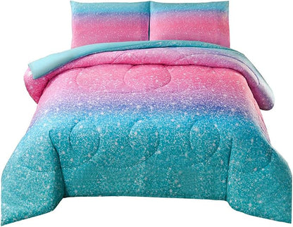 JQinHome Queen 3Pcs Glitter Comforter Sets for Girls, 3D Colorful Duvet Pink Rainbow Themed Bedding, All-Season Reversible Quilted Duvet,for Girls Women- includes 1 Comforter, 2 Pillowcases