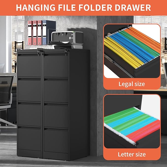 4 Drawer File Cabinet,Metal Filing Cabinets with Lock,Black Vertical File Cabinet for Home Office,Heavy Duty Metal Storage Cabinet for A4/Letter/Legal Size File,Assembly Required