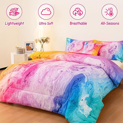 4 Pcs Tie Dye Twin Comforter Set for Girls, Watercolor Marble Abstract Art Superior Kids Bedding Sets Twin Size, Pink Purple Blue Colorful Teenage Girls Comforter Sets