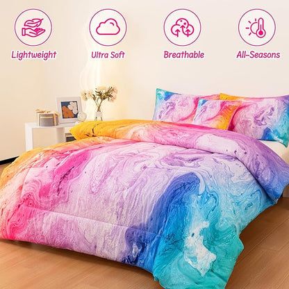 4 Pcs Tie Dye Full Comforter Set for Girls, Watercolor Marble Abstract Art Superior Kids Bedding Sets Full Size, Pink Purple Blue Colorful Teenage Girls Comforter Sets