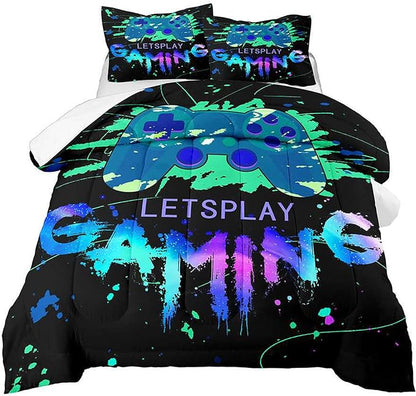 Game Comforter Set Video Gaming Bedding Sets Gamer Room Decor Full Size Colorful Black Gamepad Soft Game Bedding Set for Boys Teen 1 Comforter and 2 Pillowcases