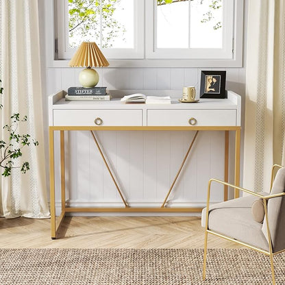 Tribesigns White Gold Computer Desk with 2 Drawers, Modern Desk 41.3 inch Simple Study Writing Desks with Storage, White Gold Makeup Vanity Desk for Home Office Bedroom Console Table