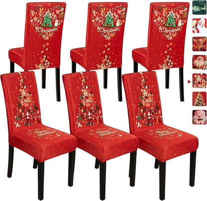 6PCS Christmas Dining Chair Covers, Stretch Removable Washable Dining Room Chair Protector Slipcovers, Xmas Tree Heart Kitchen Chair Cover, Slipcover Protector for Xmas Holiday Party Home Décor