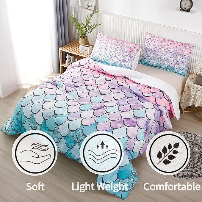 RYNGHIPY 2Pcs Colorful Mermaid Scale Print Comforter Bedding Set Twin Size, Soft Microfiber Coverlet Set/Bedspread/Quilt Set with Colorful Scale Design (Mermaid,Twin)