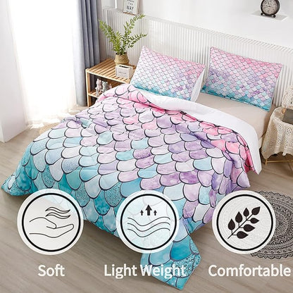 RYNGHIPY 2Pcs Colorful Mermaid Scale Print Comforter Bedding Set Twin Size, Soft Microfiber Coverlet Set/Bedspread/Quilt Set with Colorful Scale Design (Mermaid,Twin)