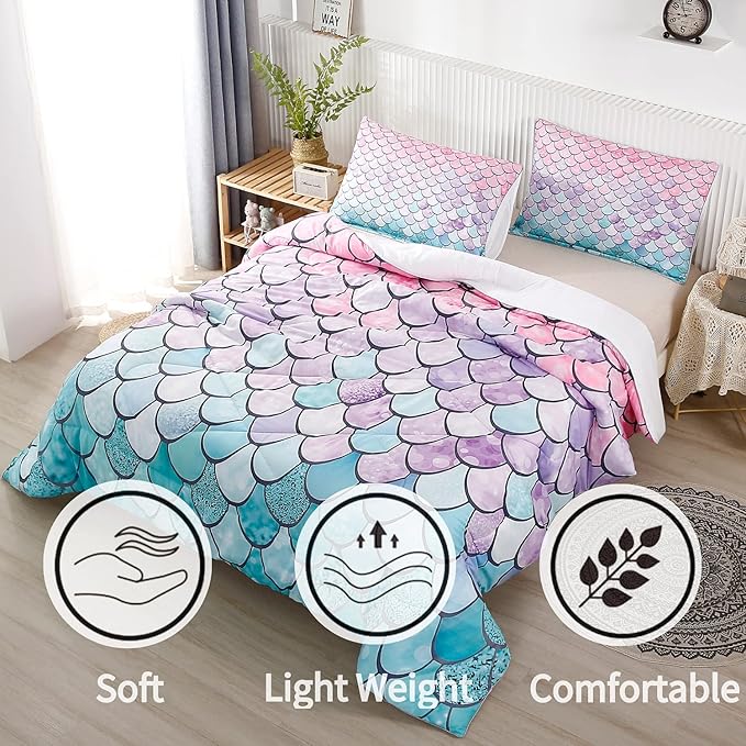 RYNGHIPY 3Pcs Colorful Mermaid Scale Print Comforter Bedding Set Full Size, Soft Microfiber Coverlet Set/Bedspread/Quilt Set with Colorful Scale Design (Mermaid,Full)