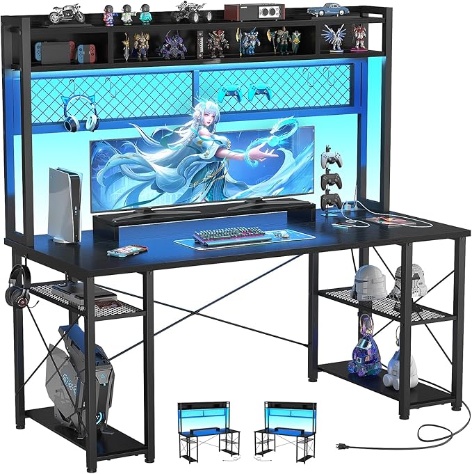armocity 2024 Upgrade Gaming Desk with Hutch, 55.2'' Magic Computer Desk with LED Lights and Outlets, Reversible Workstation Desk with Pegboard and Monitor Stand, Gamer Desk PC Table, Black