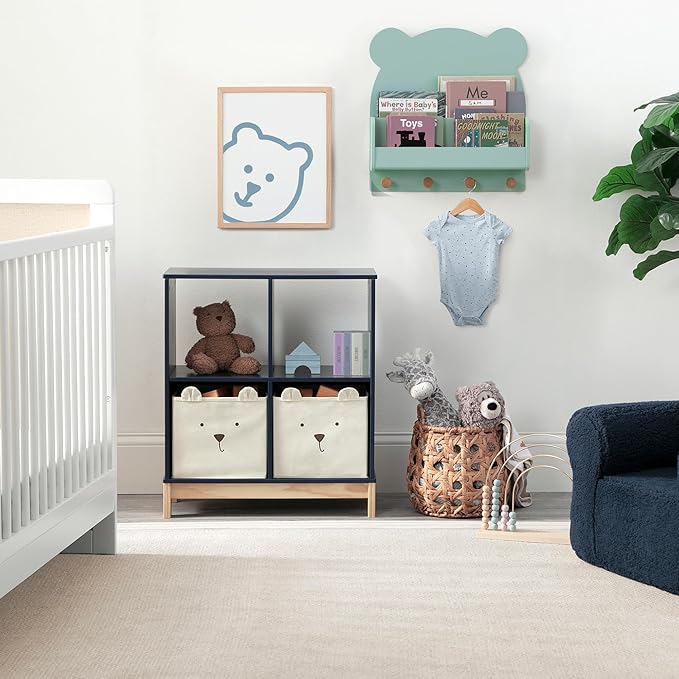 Delta Children babyGap Oxford 6-in-1 Convertible Crib + Brannan Bear Bookcase with Bins + Brannan Bear Wall Shelf with 4 Hooks, Navy/Natural (Bundle)