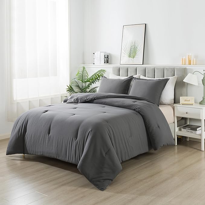 Dark Gray Comforter Set Twin, Solid Grey Down Alternative Bedding Comforter Set, Breathable Fluffy Microfiber Comforter Twin Size (68"x90") for All Seasons with Pillowcase…