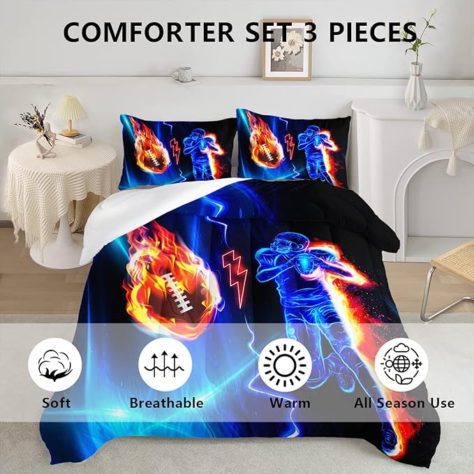 Axolotl Football Comforter Twin,Cool Blue Football Bedding Sports Theme Comforter Set for Boys,3D Rugby Sports Bedding Set Football Player On Fire for Boys Kids Teens,1 Quilt 2 Pillowcases,Black Blue