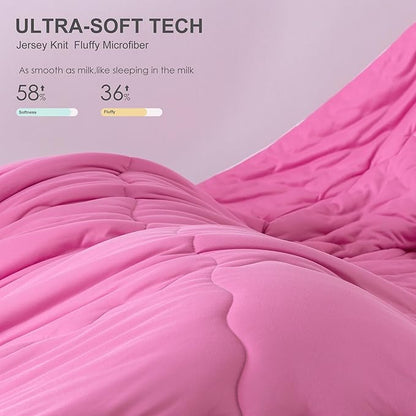 COTTEBED Rose Pink Comforter Queen Size, Jersey Knit T-Shirt Feel Ultra-Soft Cute Cozy Durable Lightweight Bedding Blanket Down Conforter Set and Pillowcase for Women Girl All Season Use Full/Queen