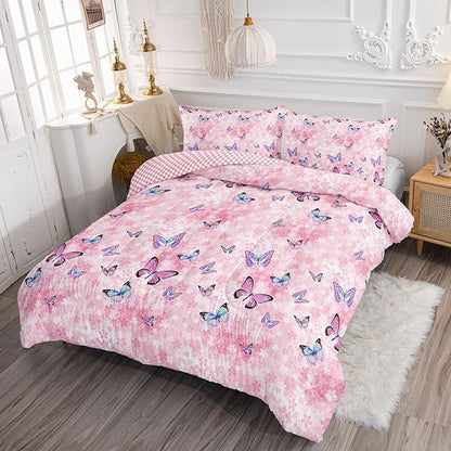 Datura home Kids Comforter Set Girls Pink Flower Butterfly Printed Pattern Quilt Bedding with 1 and 2 Pillowcases for Bedroom All Season(Pink Queen) Queen 90x90inches