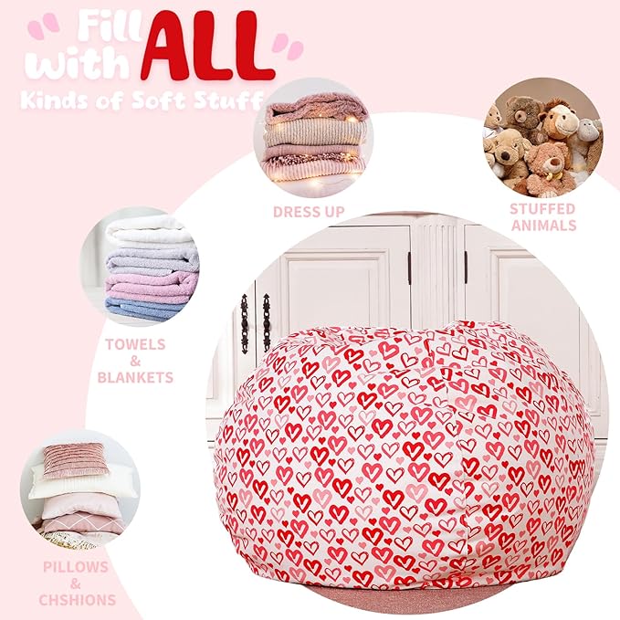 Wekapo Stuffed Animal Storage Bean Bag Chair Cover for Kids | Stuffable Zipper Beanbag for Organizing Children Plush Toys Large Premium Cotton Canvas (Heart, X-Large)
